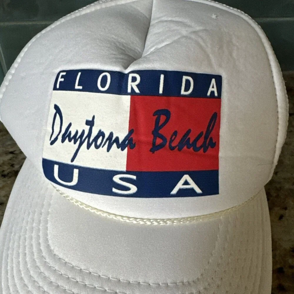 Vintage Dayton‎ Beach Florida USA Snapback Baseball Americana Hat White Cap Mesh